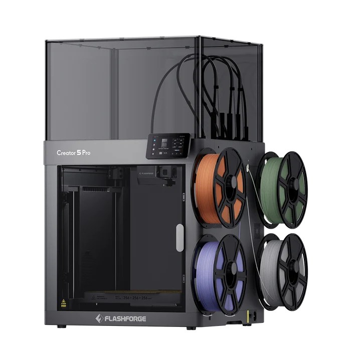 Flashforge Creator 5 Pro enclosed 3D printer with four filament spools.
